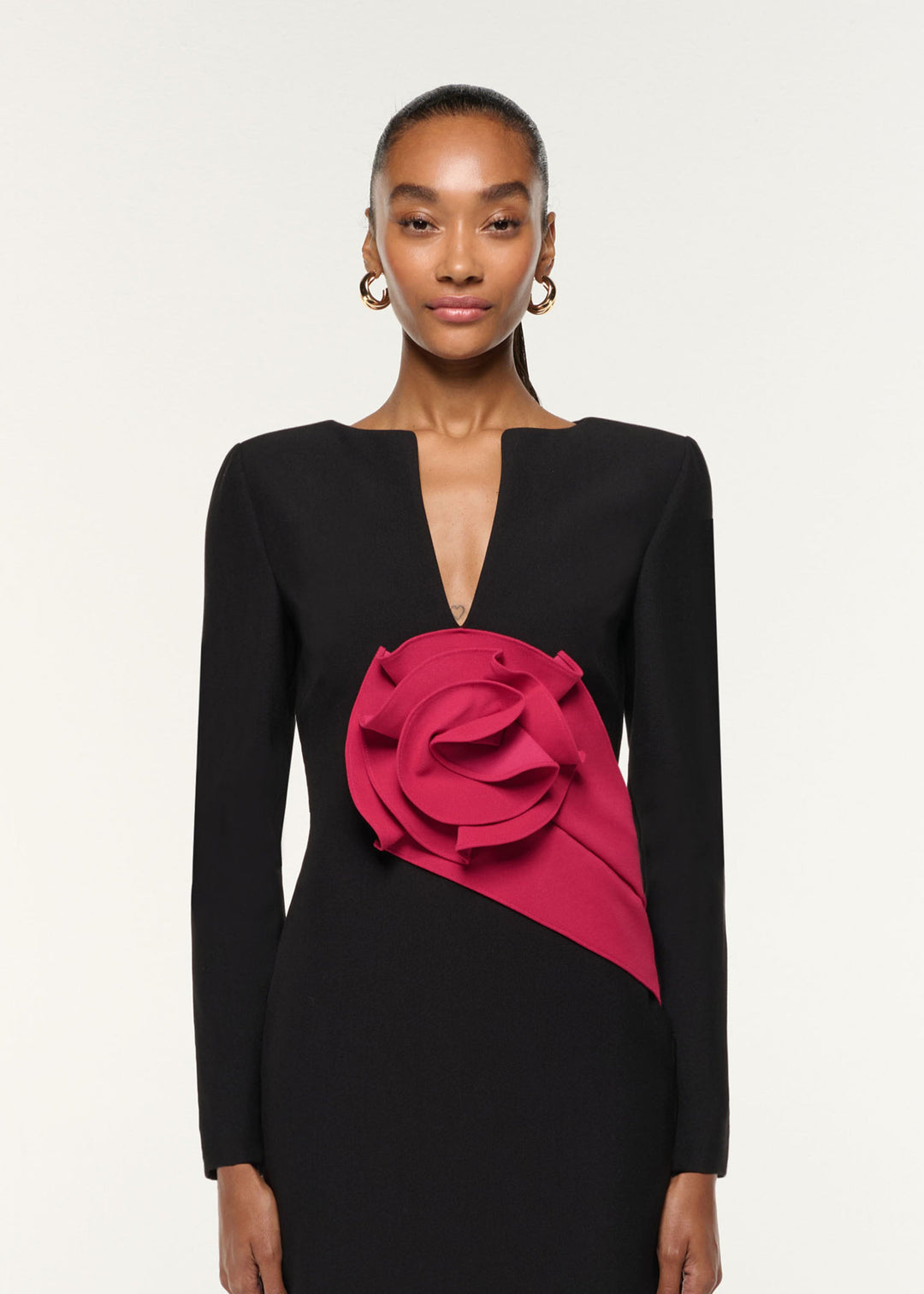 long-sleeve column gown with sculpted rose applique – ROSALIA