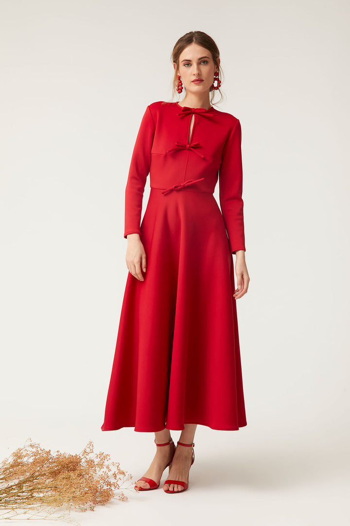 long-sleeve midi dress with bow accents – VERENA