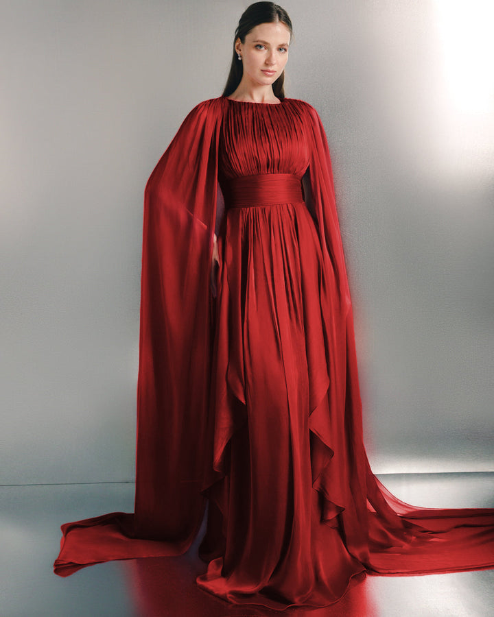 pleated chiffon cape evening gown with defined waist – VIOLETTA