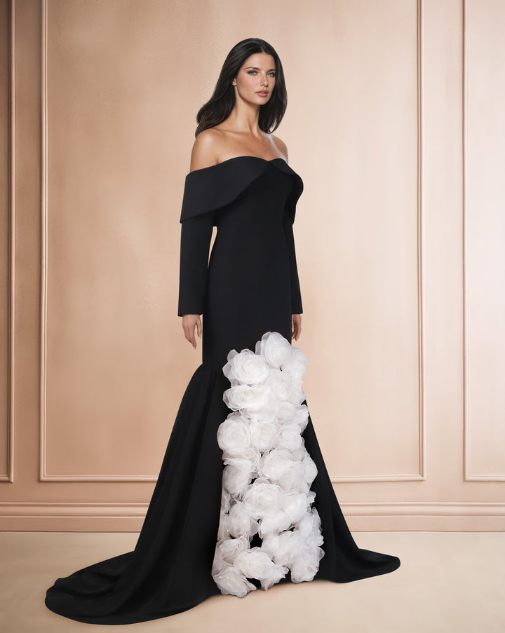 Strapless black dress with 3D flowers and a train