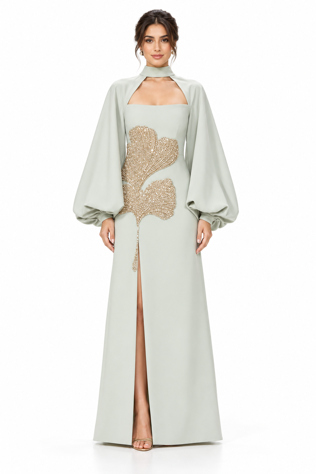 Crystal Leaf Balloon Sleeve Evening Gown - Gildora