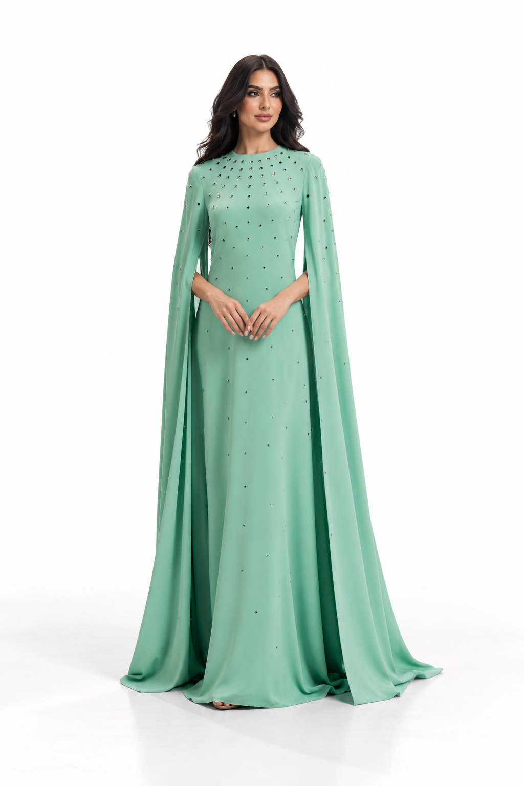 Crystal Embellished Cape Evening Gown - Lumina