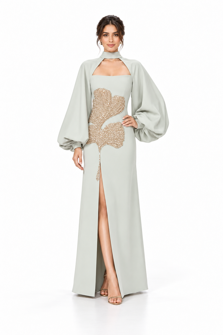 Crystal Leaf Balloon Sleeve Evening Gown - Gildora