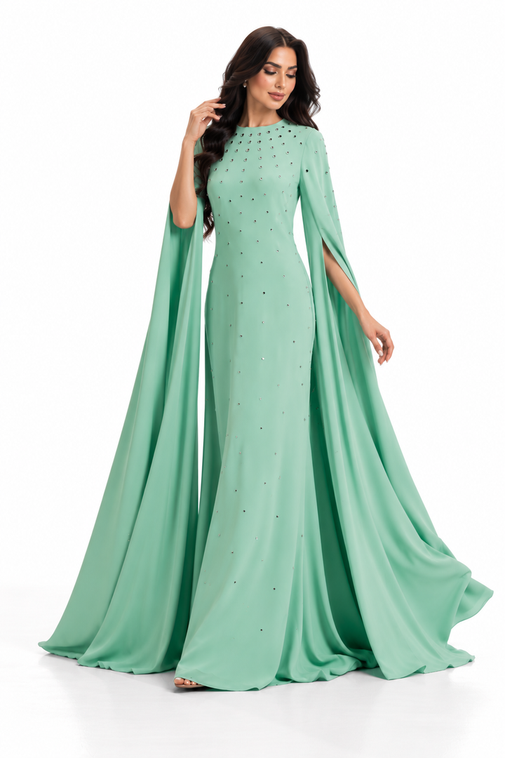 Crystal Embellished Cape Evening Gown - Lumina