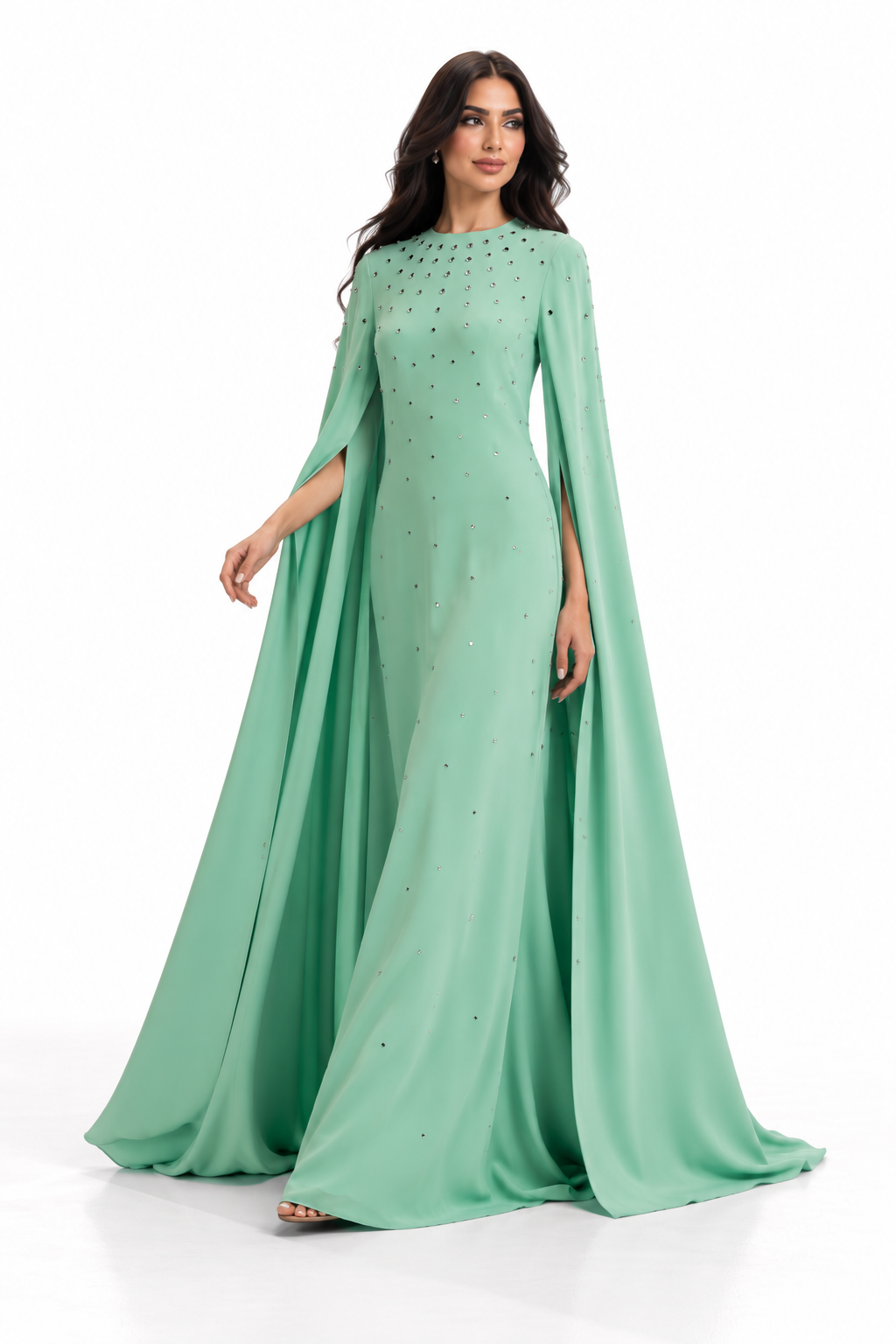 Crystal Embellished Cape Evening Gown - Lumina