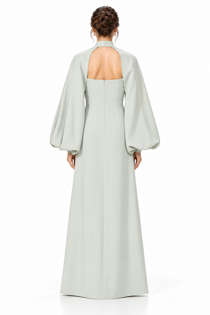 Crystal Leaf Balloon Sleeve Evening Gown - Gildora