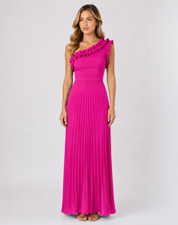 Olive Ruffle One-Shoulder Pleated Maxi Dress — Verdure