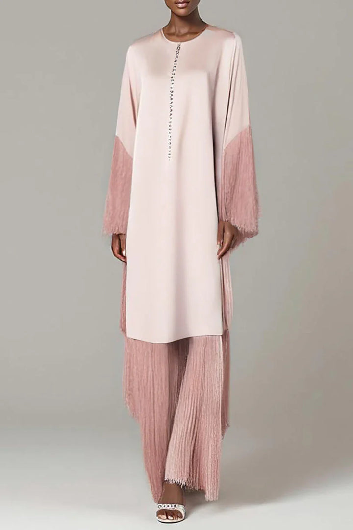 pleated fringe kaftan set with crystal buttons – MISTYE