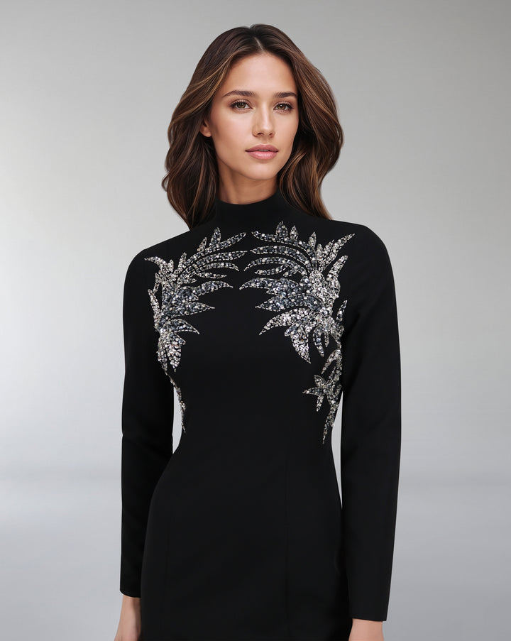 High neck - long sleeve dress with beaded chest