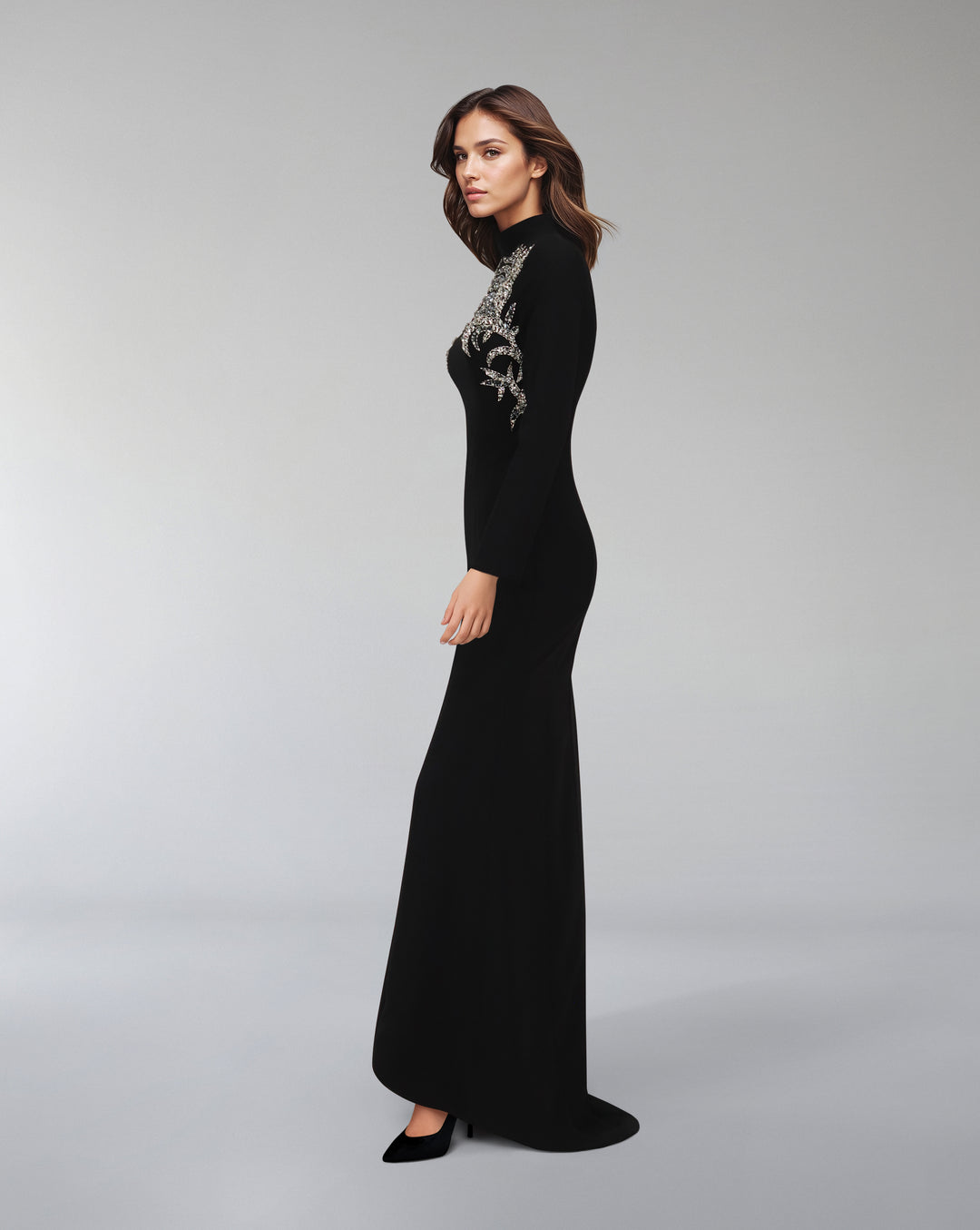 High neck - long sleeve dress with beaded chest-Sadem