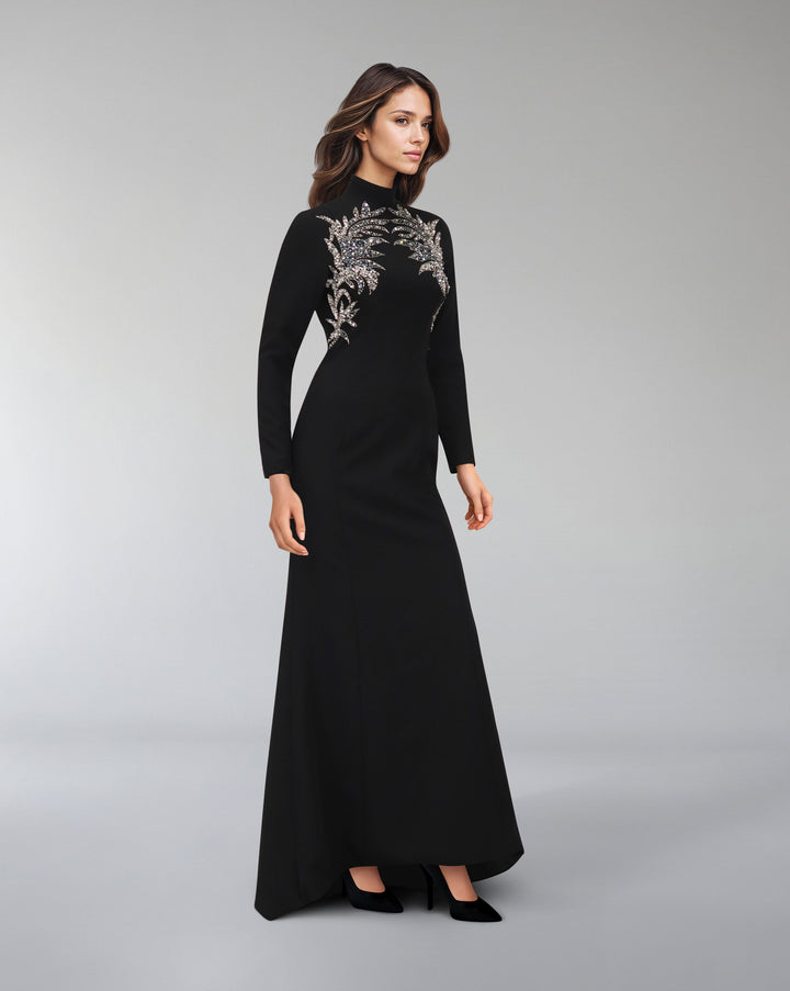 High neck - long sleeve dress with beaded chest