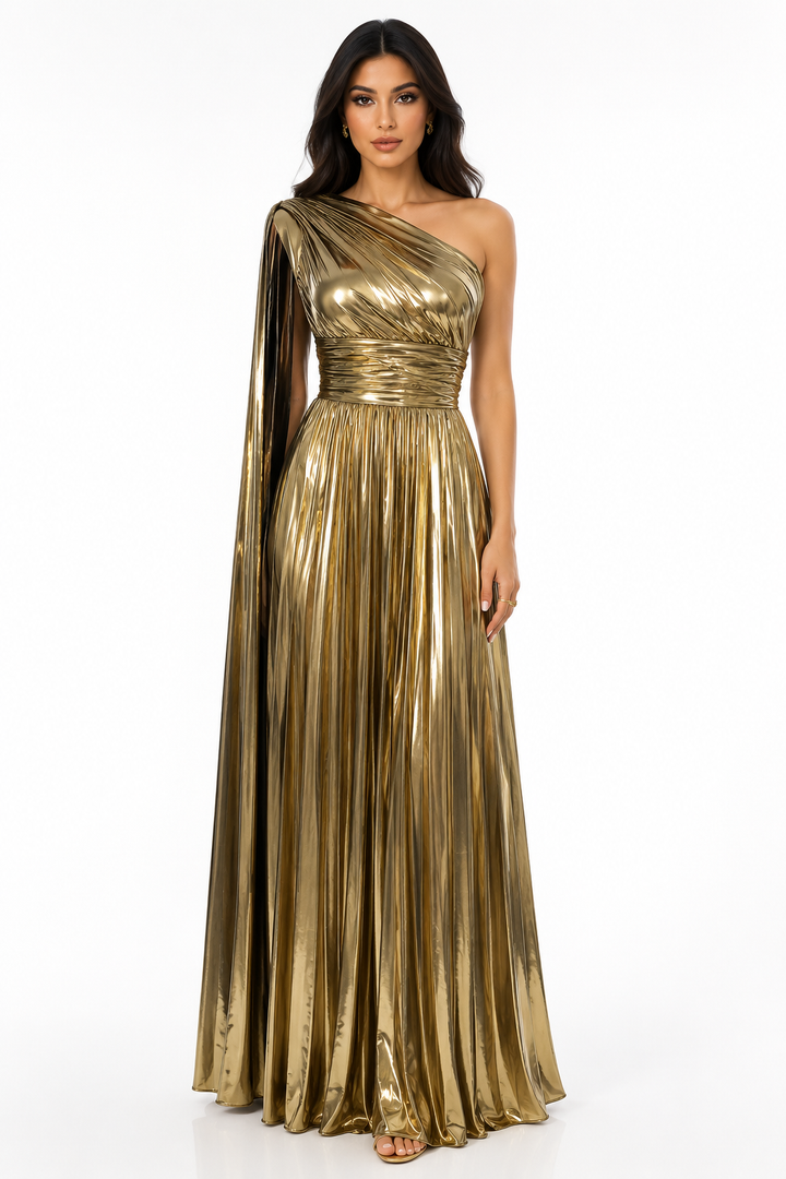 One-Shoulder Metallic Pleated Evening Gown - Radiance