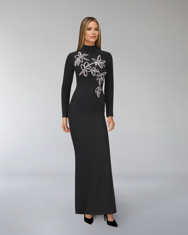 Long sleeve column dress with beaded flowers