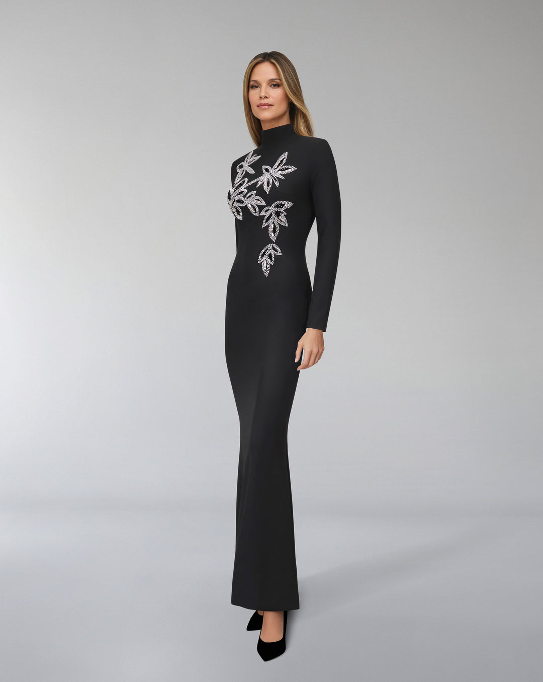 Long sleeve column dress with beaded flowers