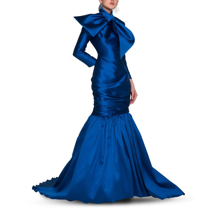 long-sleeve satin mermaid gown with ruched waist – CYRA