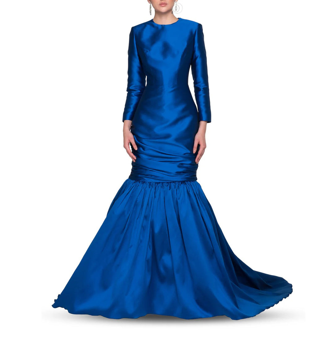 long-sleeve satin mermaid gown with ruched waist – CYRA