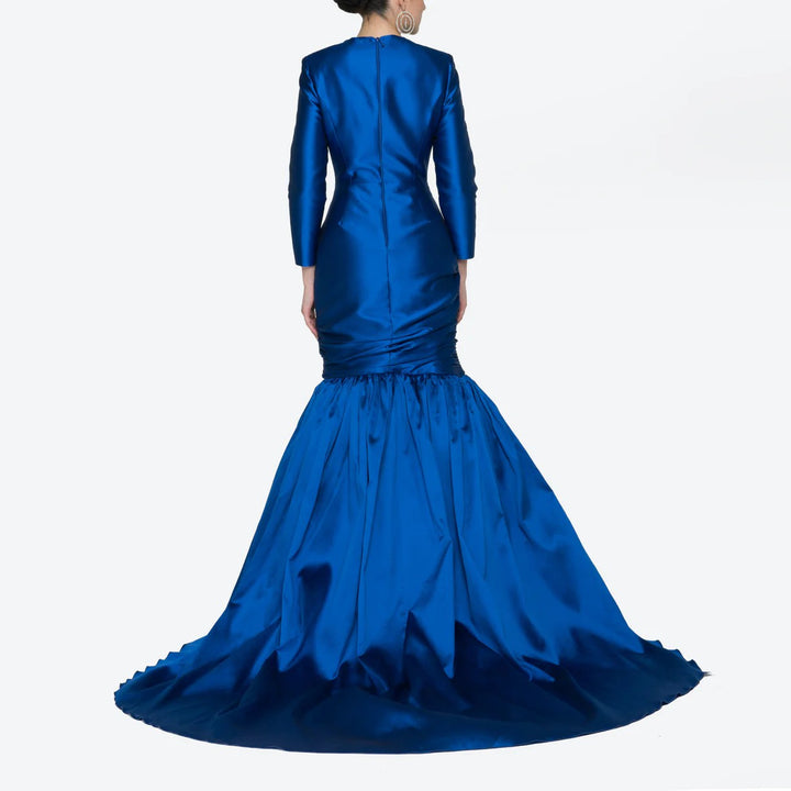 long-sleeve satin mermaid gown with ruched waist – CYRA