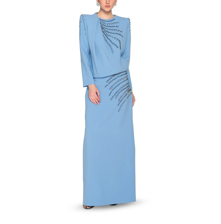 embellished draped long-sleeve gown with linear beading – SAMIRA
