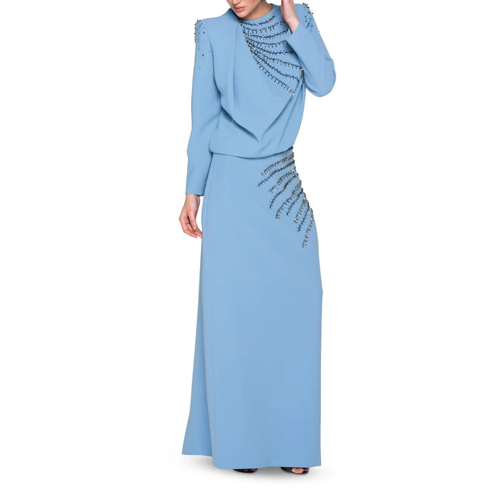 embellished draped long-sleeve gown with linear beading – SAMIRA