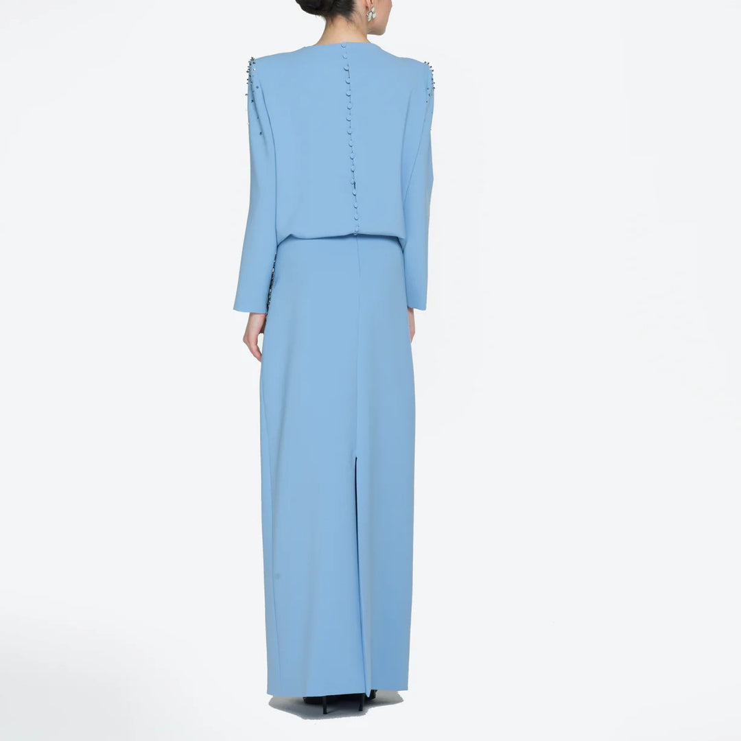 embellished draped long-sleeve gown with linear beading – SAMIRA