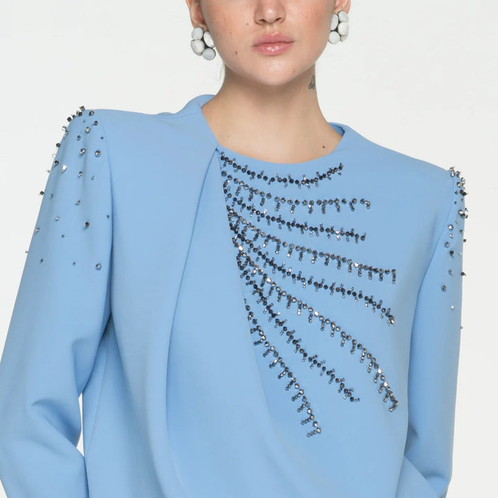 embellished draped long-sleeve gown with linear beading – SAMIRA