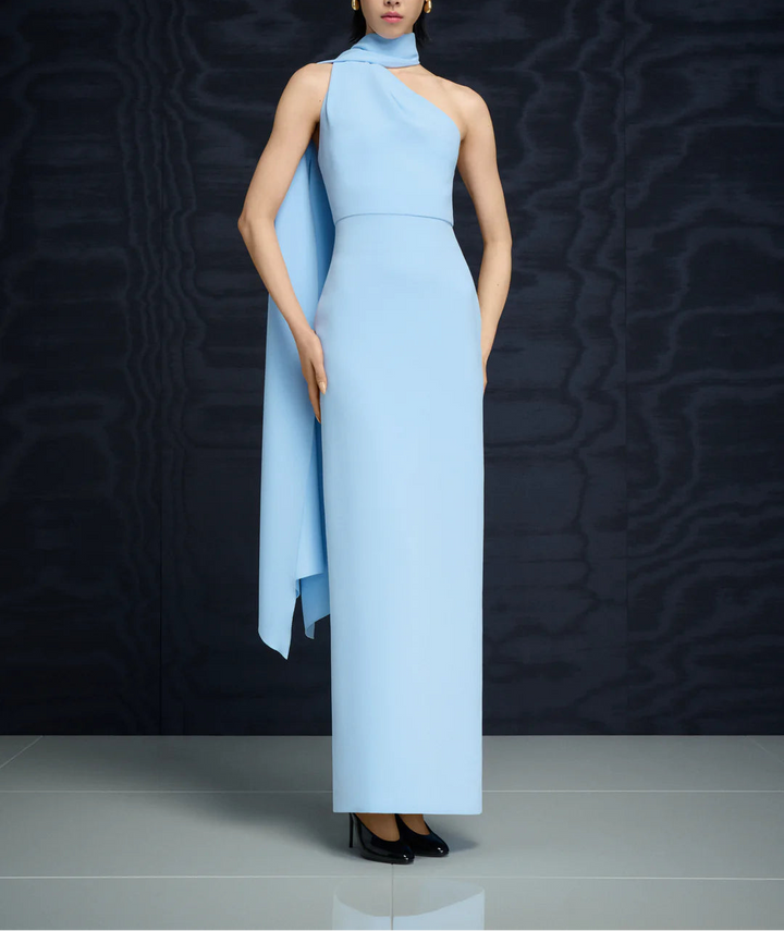 one-shoulder column gown with draped scarf – DEMI