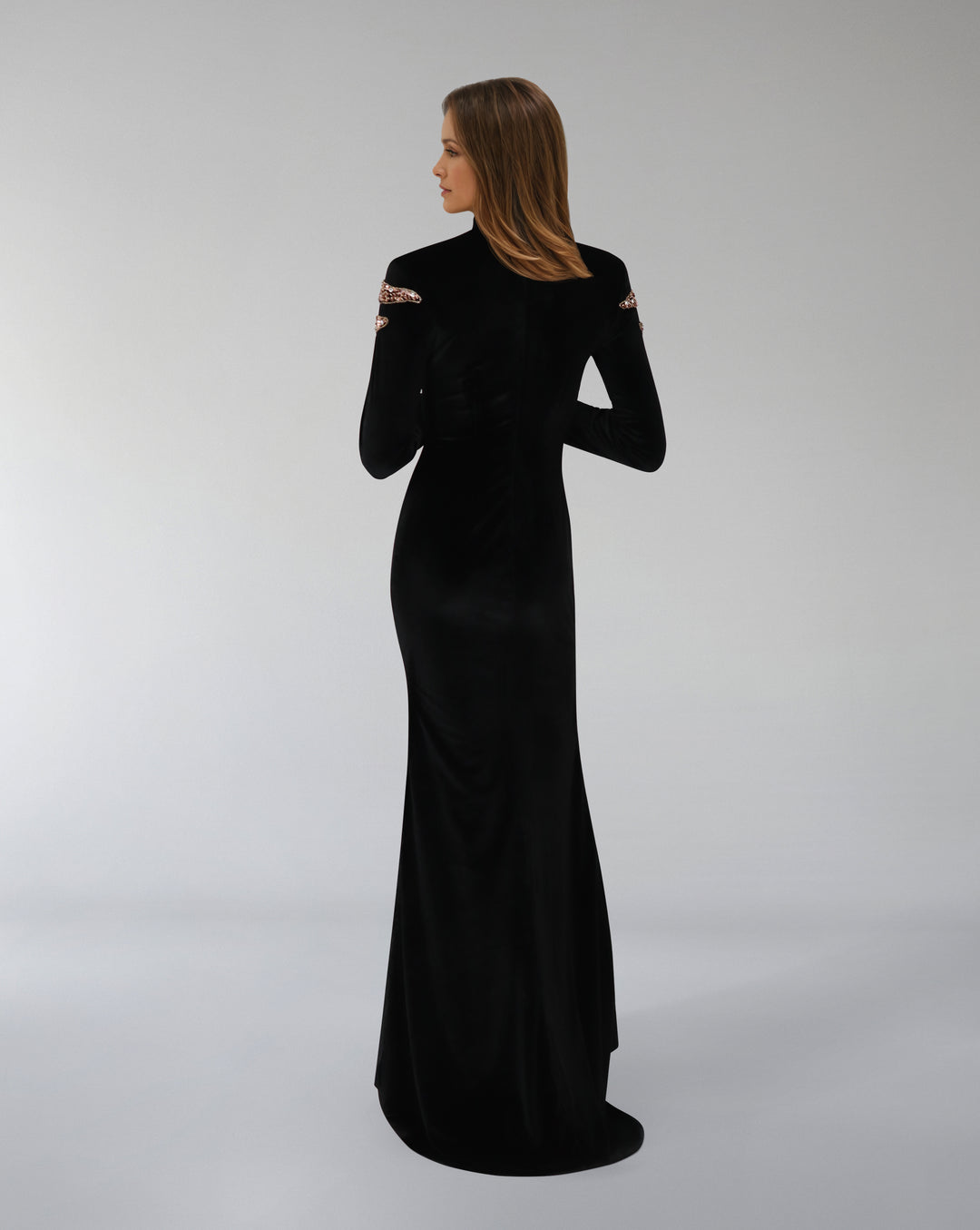 Long-sleeve velvet dress with beaded shoulders