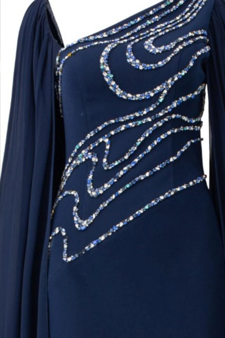 one-shoulder embellished gown with sheer cape – MIDNIGHTE