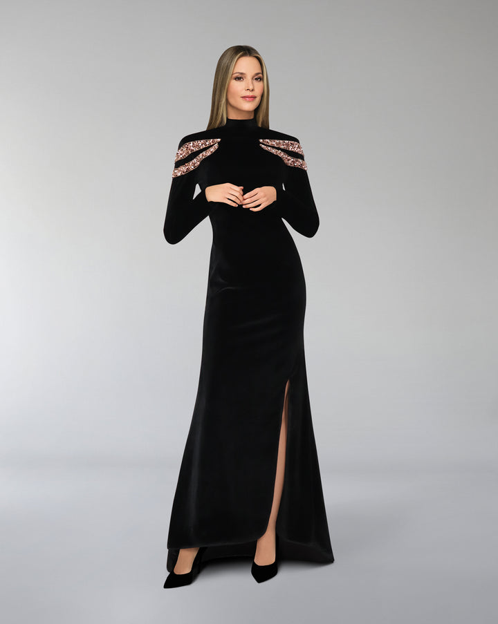 Long-sleeve velvet dress with beaded shoulders