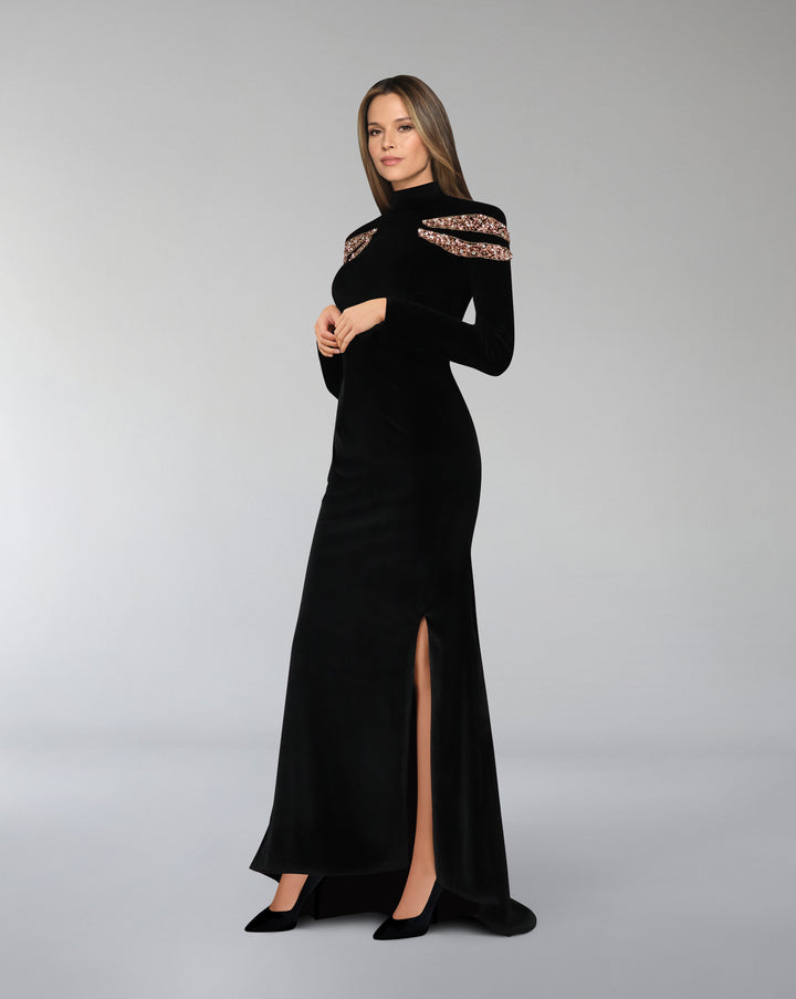 Long-sleeve velvet dress with beaded shoulders