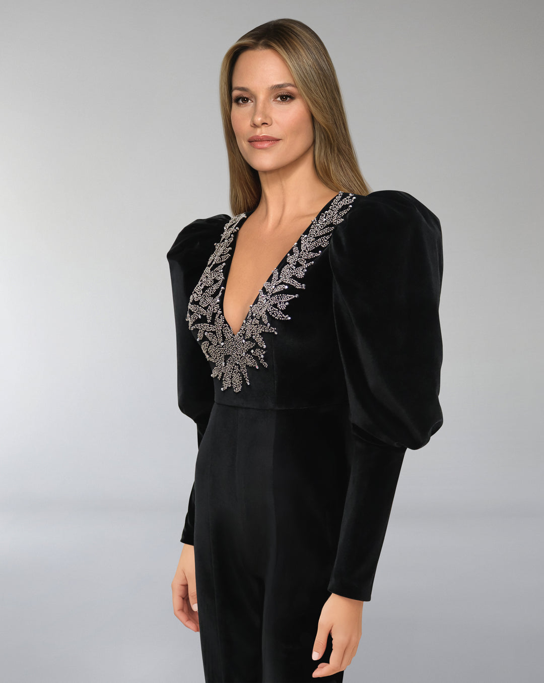 Beaded velvet Jumpsuit with V neckline-Merry