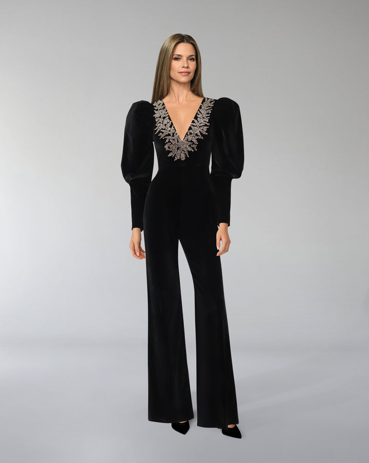 Beaded velvet Jumpsuit with V neckline