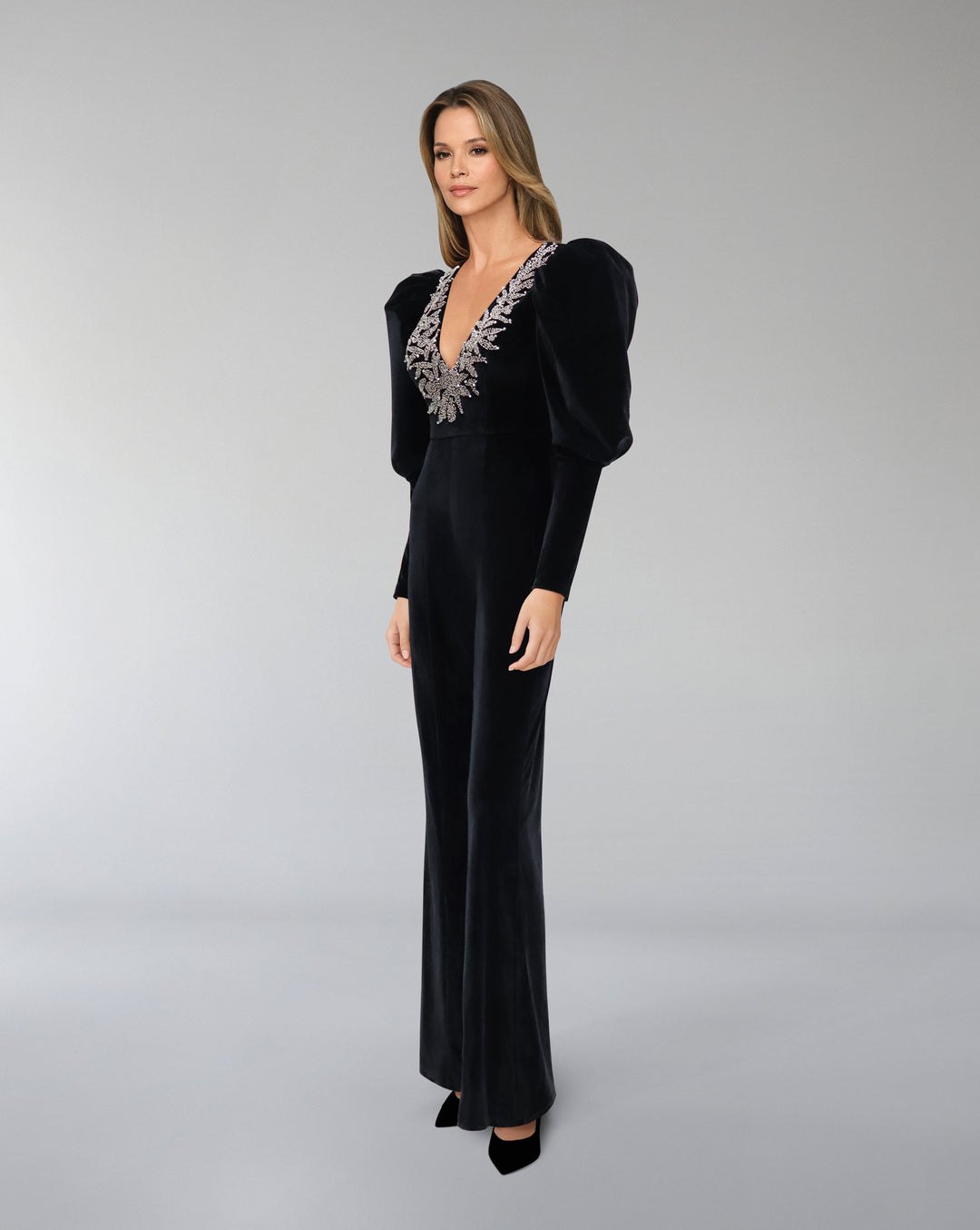 Beaded velvet Jumpsuit with V neckline-Merry