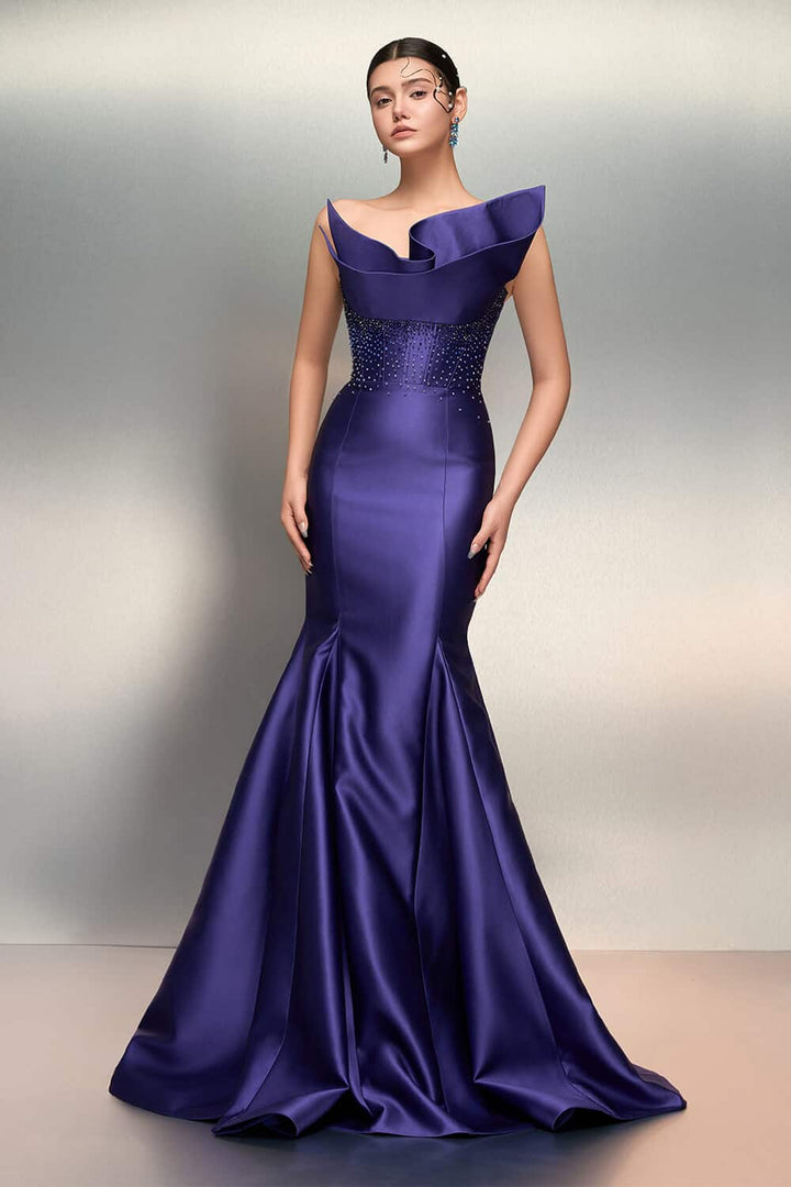 asymmetric ruffled mermaid gown with embellished waist – SERAPHINA