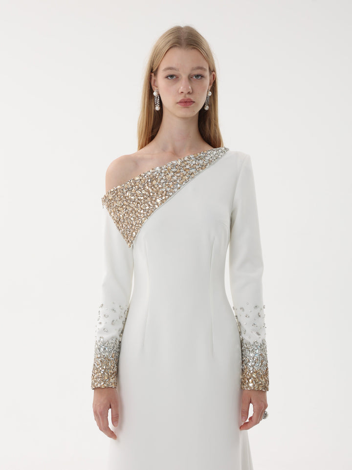 one-shoulder gown with crystal embellished cape sleeve – AURORA