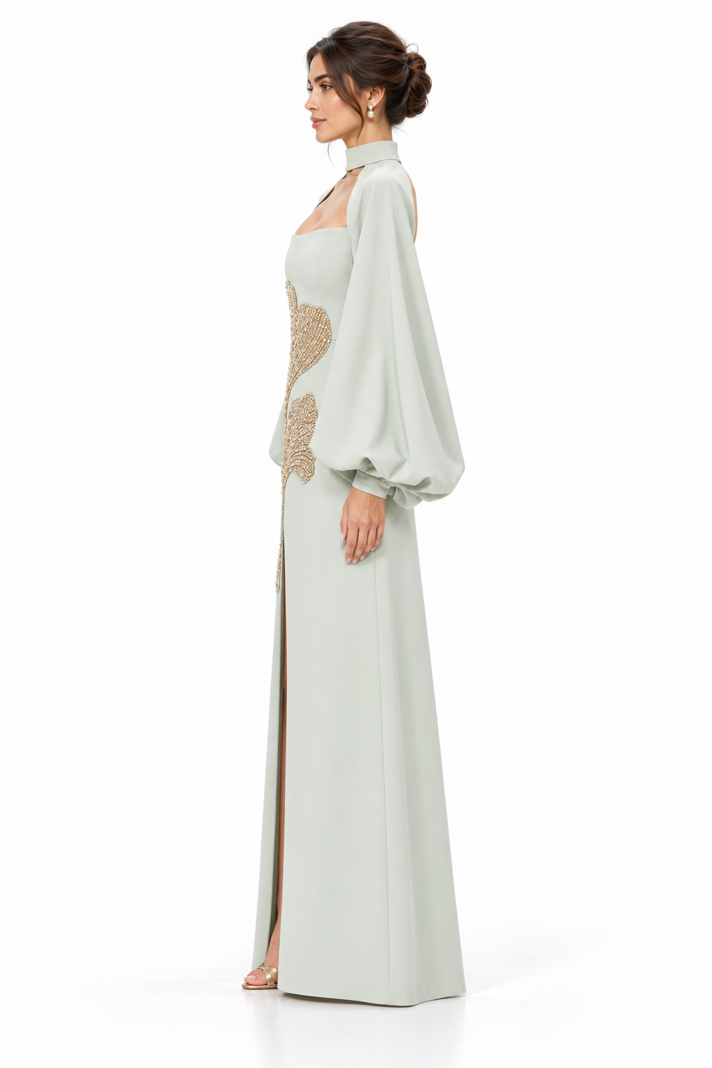 Crystal Leaf Balloon Sleeve Evening Gown - Gildora