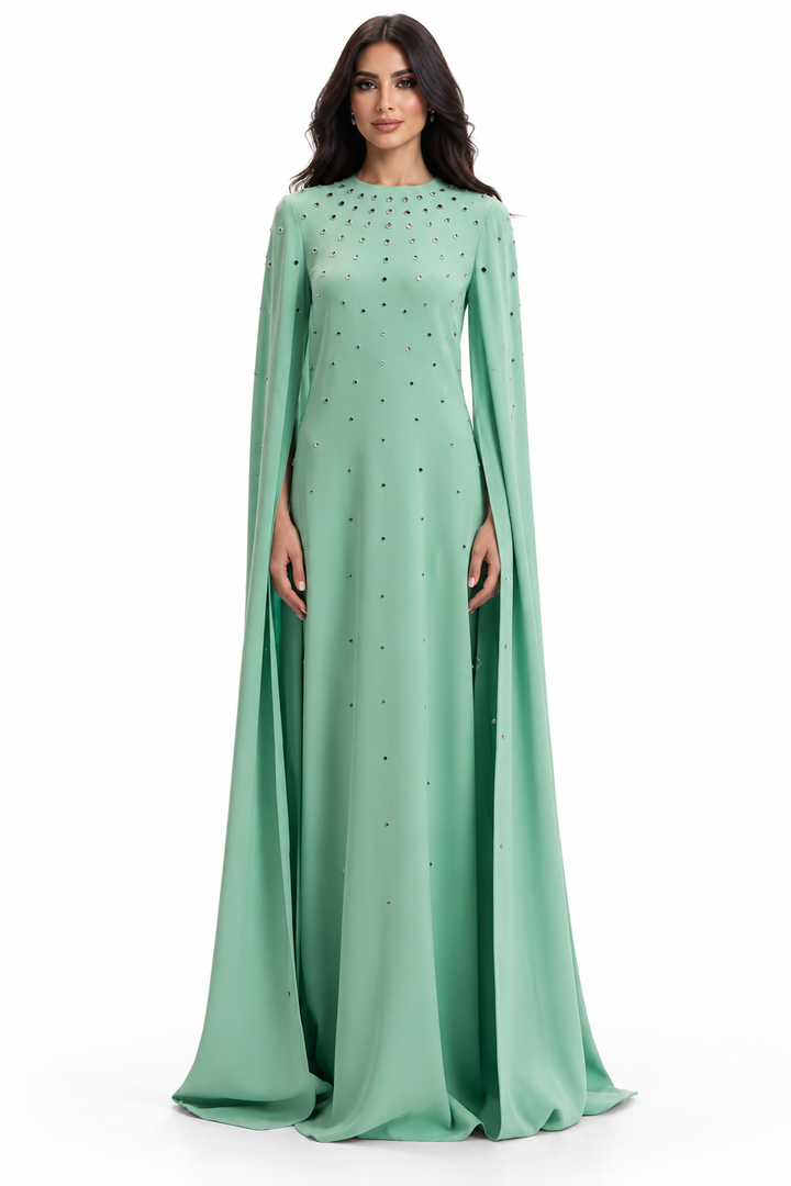 Crystal Embellished Cape Evening Gown - Lumina