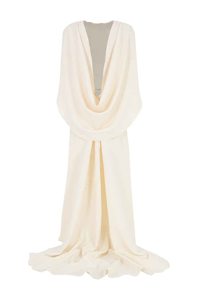 embellished cape-sleeve gown with clean column silhouette – IVORYE