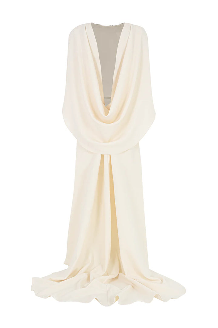 embellished cape-sleeve gown with clean column silhouette – IVORYE