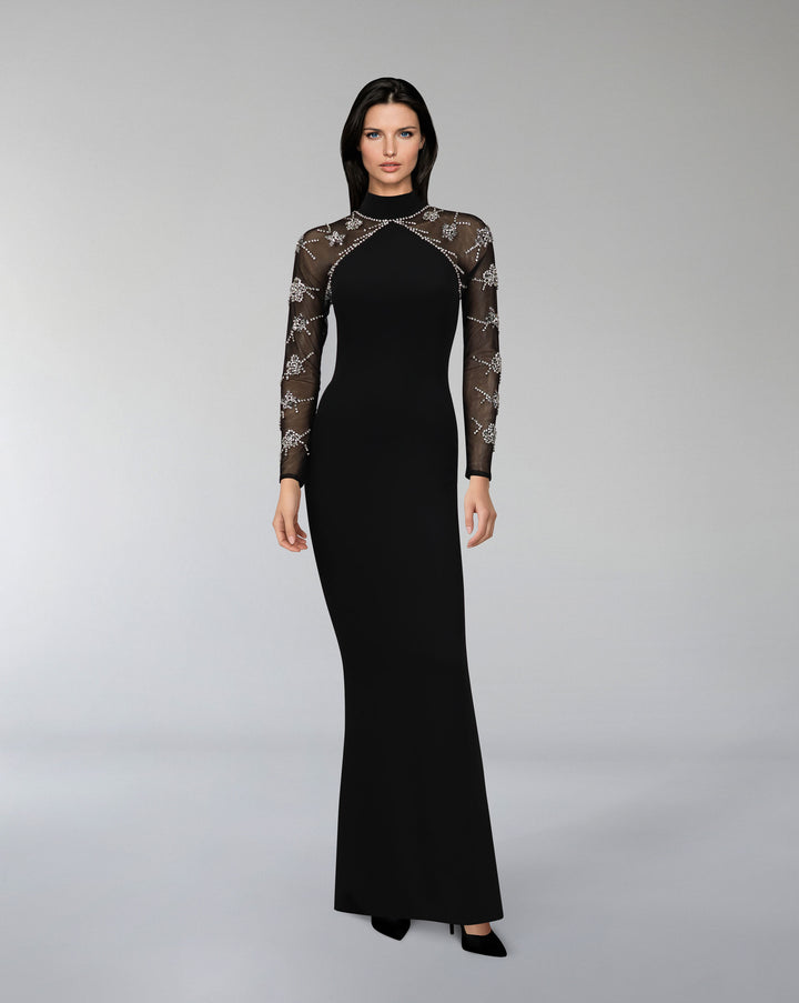 Halter Neckline dress with beaded see-through sleeves