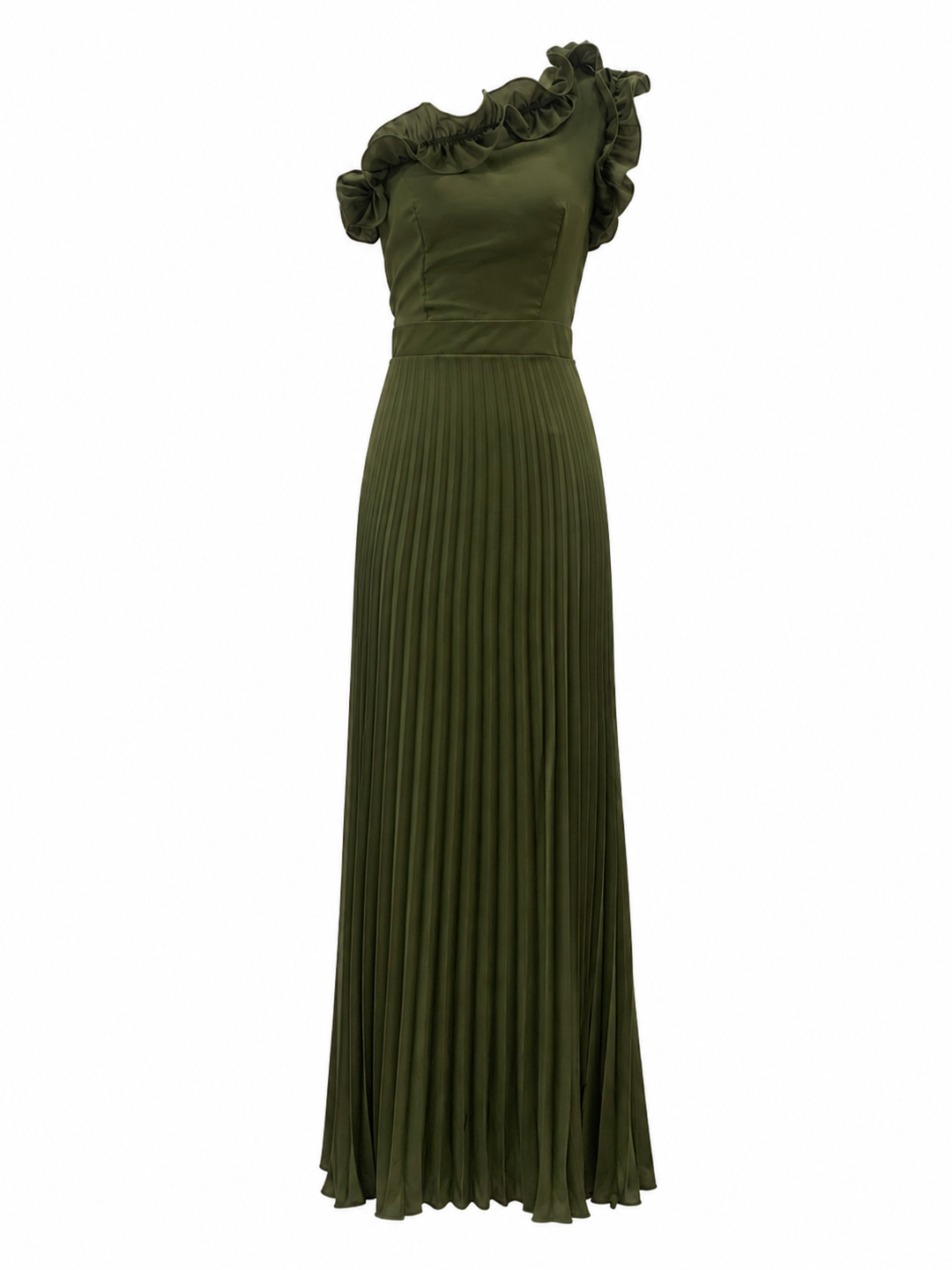 Olive Ruffle One-Shoulder Pleated Maxi Dress — Verdure