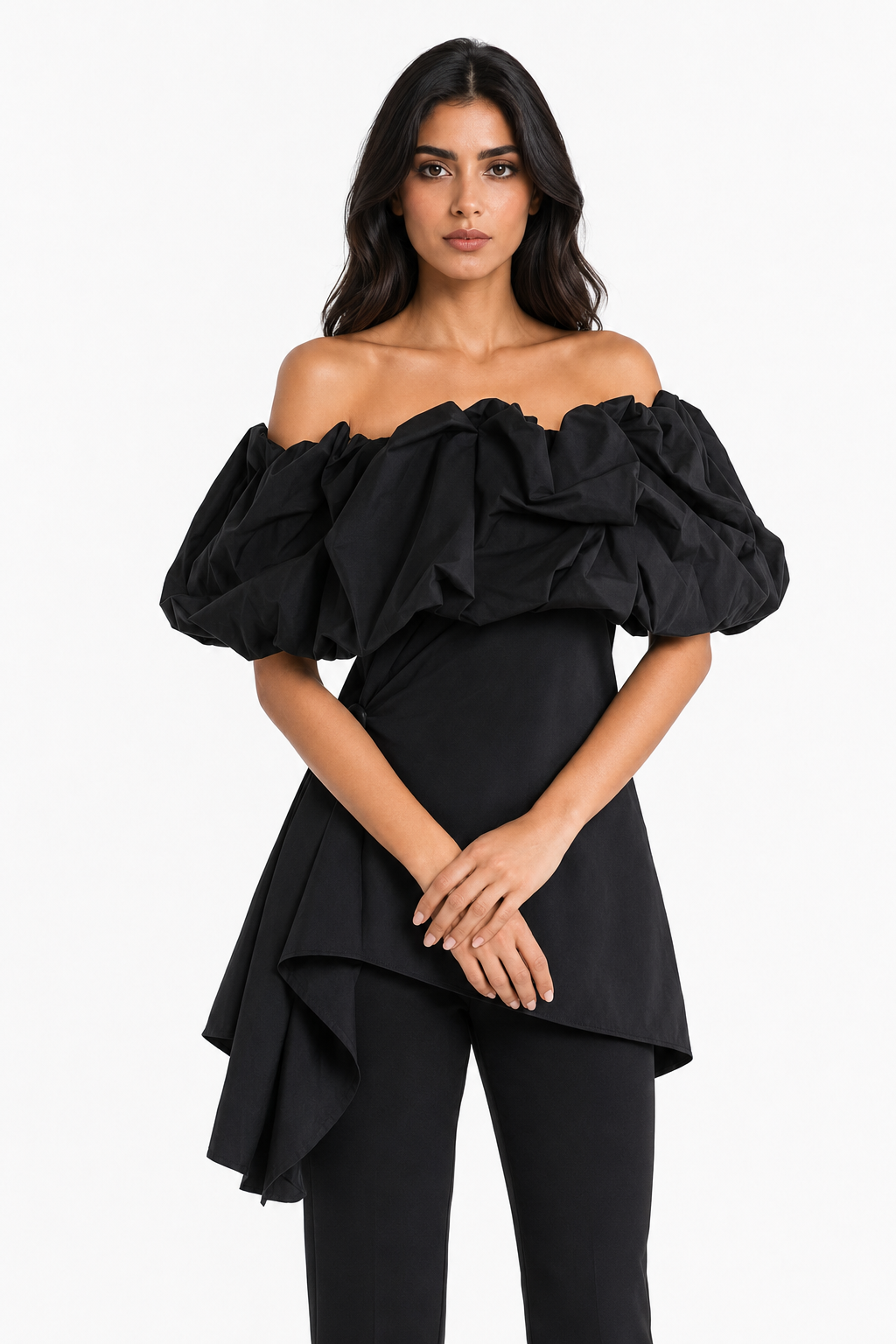 Black Off-Shoulder Ruffle Asymmetric Top – RAVEN