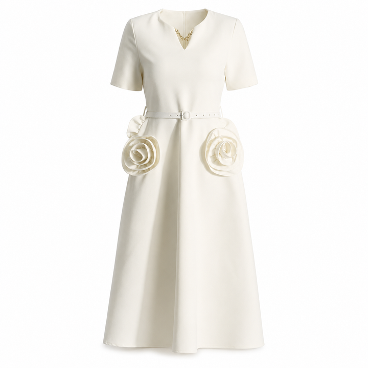 Rose Appliqué Belted Midi Dress - Pearl