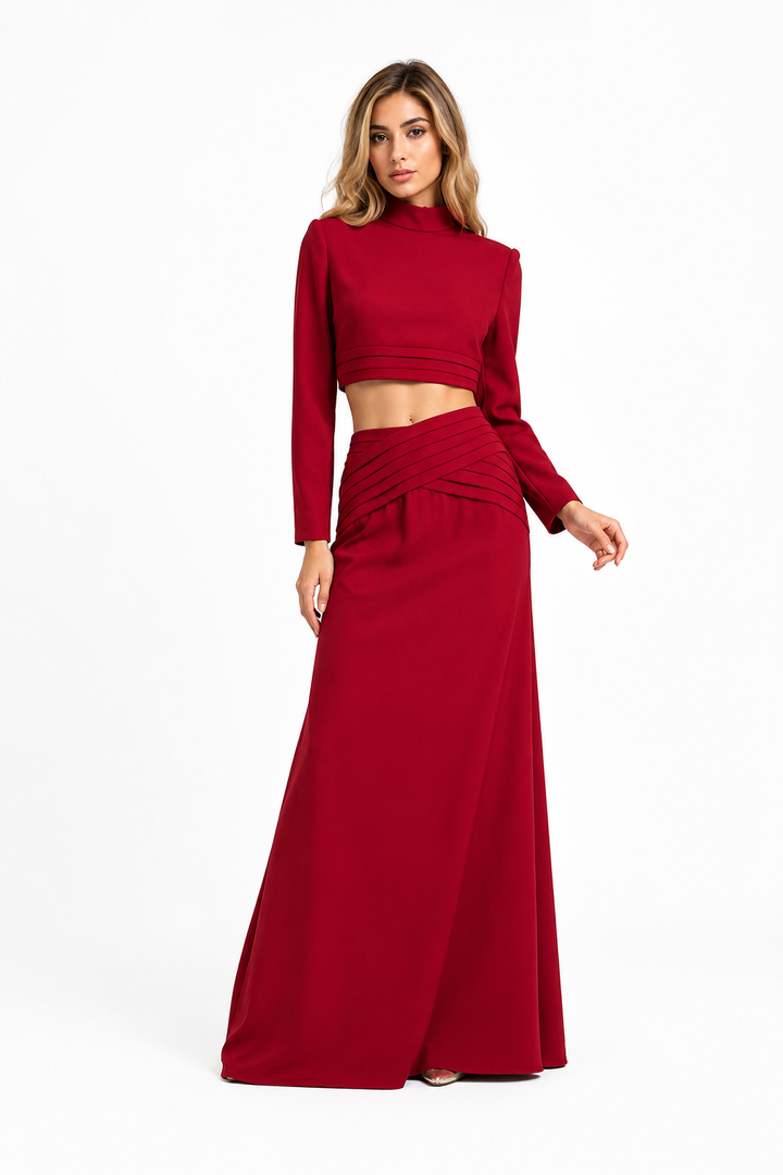 Cropped Long Sleeve Top & Maxi Skirt Set - Scarlet