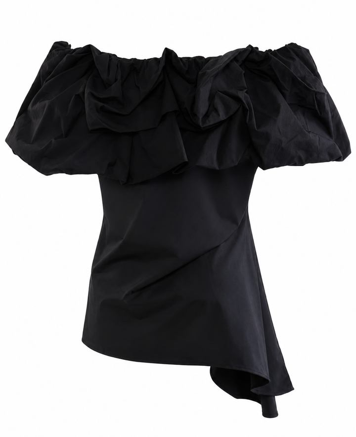 Black Off-Shoulder Ruffle Asymmetric Top – RAVEN