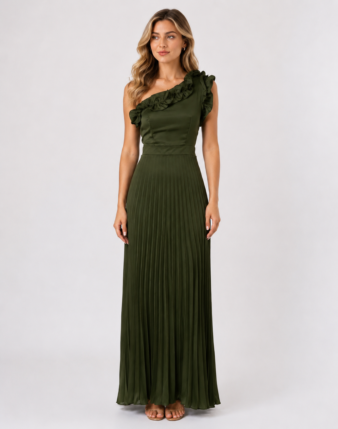 Olive Ruffle One-Shoulder Pleated Maxi Dress — Verdure