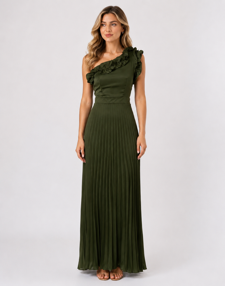 Olive Ruffle One-Shoulder Pleated Maxi Dress — Verdure