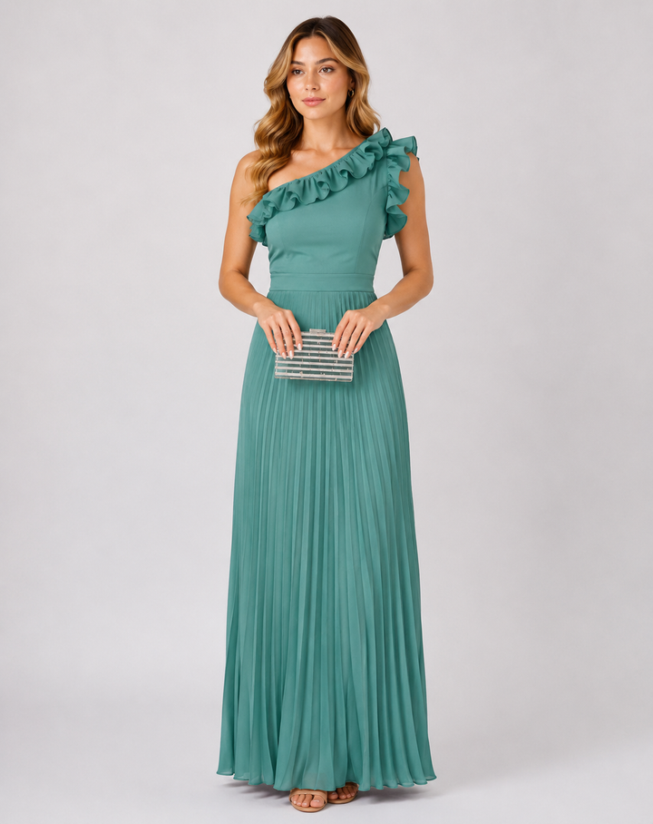 Olive Ruffle One-Shoulder Pleated Maxi Dress — Verdure