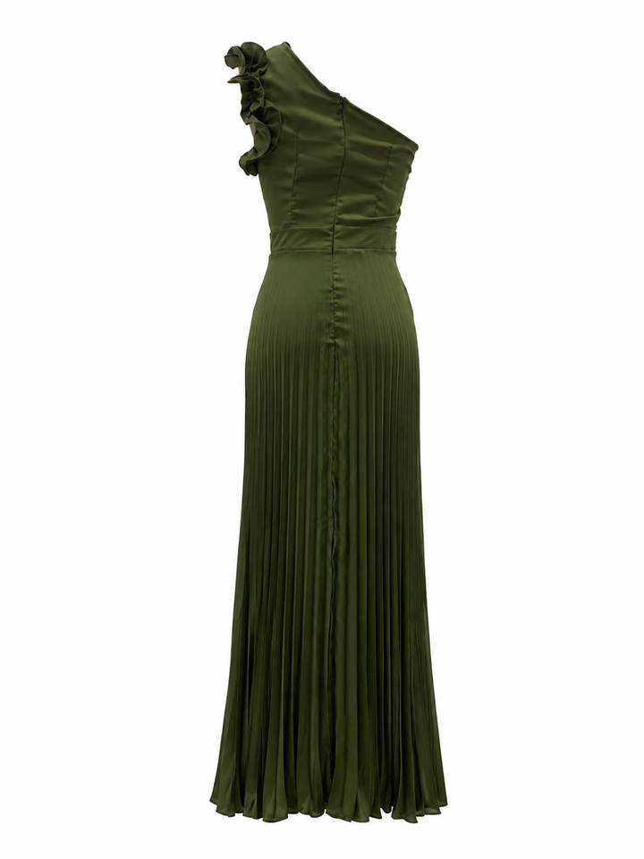 Olive Ruffle One-Shoulder Pleated Maxi Dress — Verdure