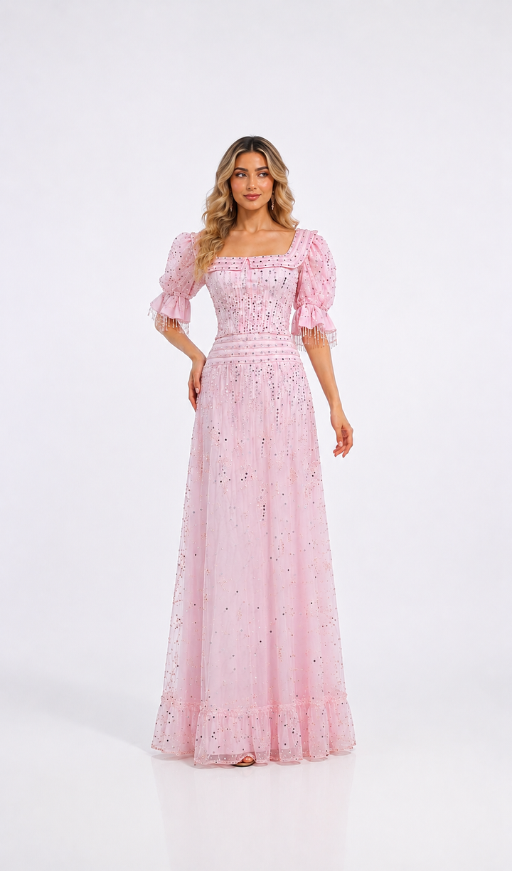 Crystal Puff Sleeve Evening Gown – ROSABEL